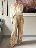 Woman Elegant Golden Sequined Straight Pants 2023 Spring Chic Female Shiny Party Pant Ladies Fashion High Waisted Trousers