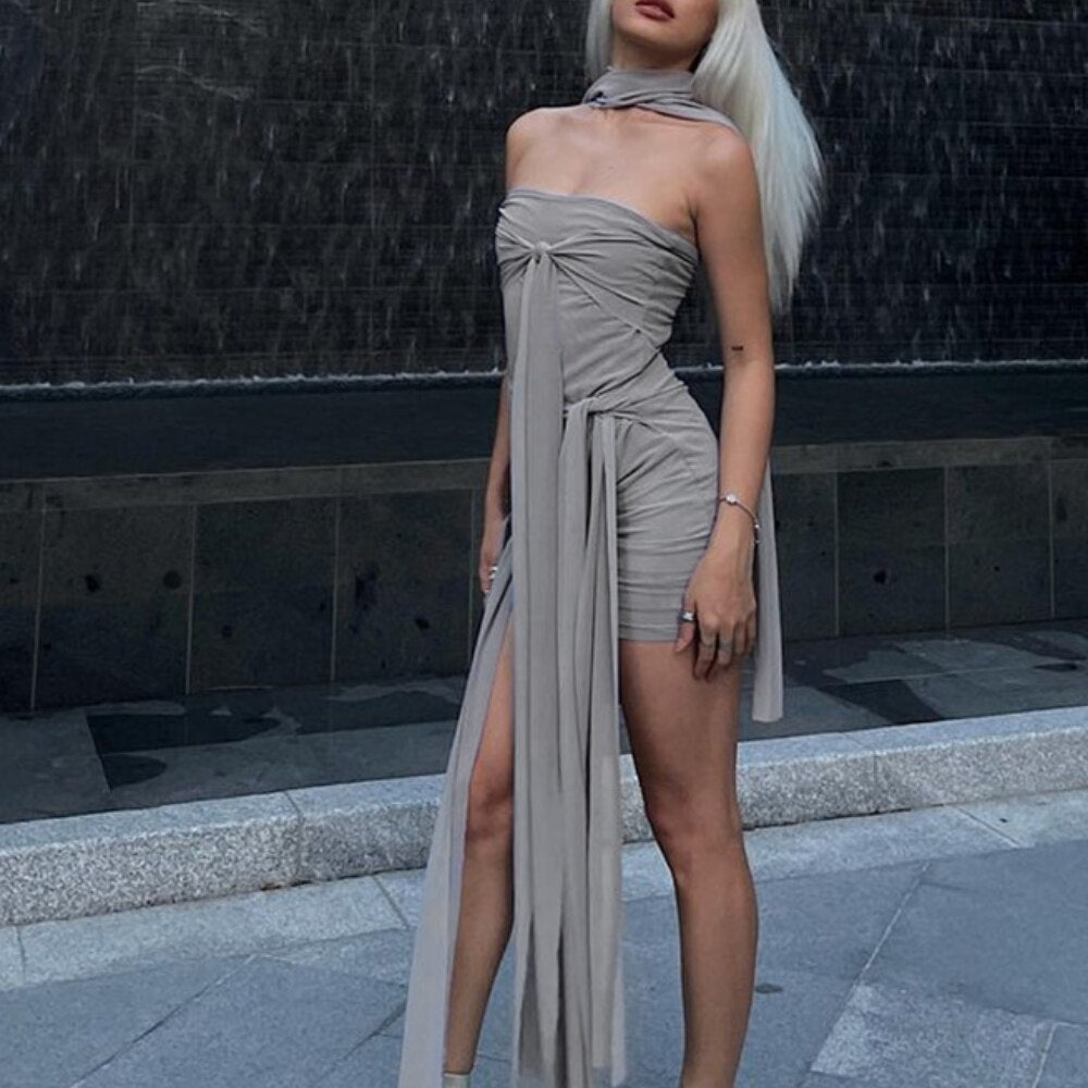 llyge New Lace-up Breast Dress  Bag Hip Design Sense Streamer Spice Girl Skirt 2023 Spring and Summer Dresses Length Sleeve Style