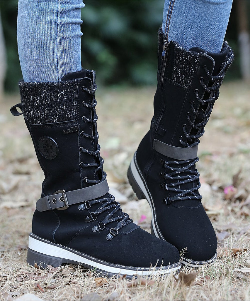 Llyge 2023 Women Winter Buckle Lace Knitted Mid-Calf Boots Low Heel Round Toe Boots Top Quality Winter Warm Boots Women Botas De Mujer