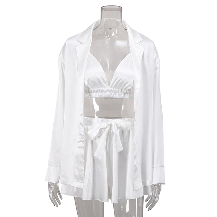 Llyge Summer Sleepwear Women 3 Piece Set Long Sleeve Robe Spaghetti Strap Bra Sleeveless Female Night Suits With Shorts 2022
