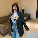 Llyge Splicing Fake Two Pieces Of Leather Jacket Suit Jacket Female Autumn Winter New Korean Long Loose Hundred Take Leather Jacket