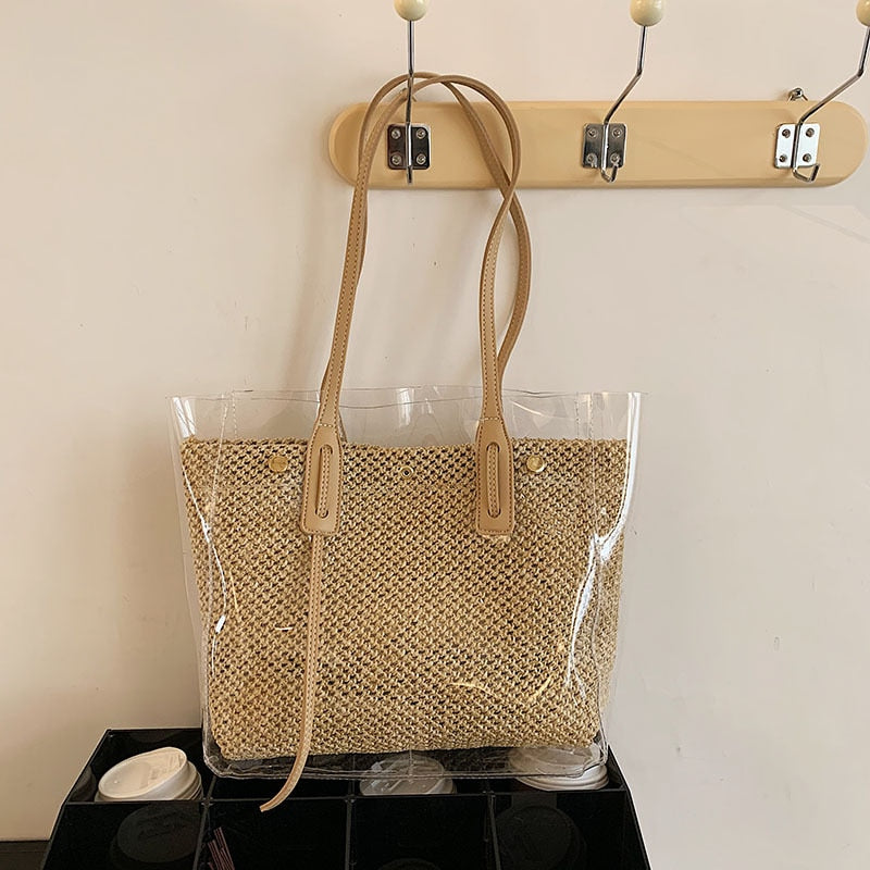 Llyge Large Capacity Women's Shoulder Handbag 2022 Summer New PVC Transparent Plastic Beach Casual Shoulder Bag Simple Straw Bag