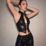 LLYGE Sexy PU leather Tank Tops Lady Sexy Club Cocktail Party Style Sleeveless Halter Collar Shirts Tops