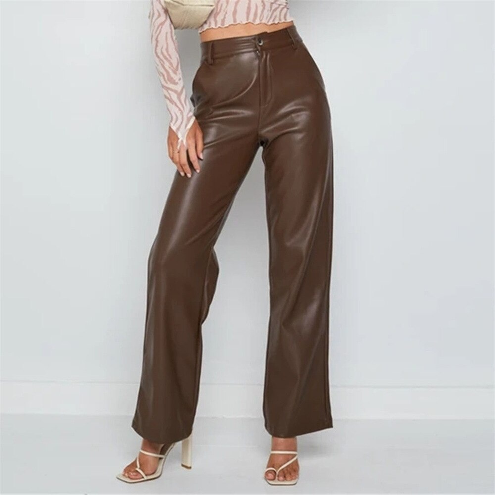 Llgye Women Fashion PU Leather Long Pants Solid Color High Waist Loose Straight Pants Summer Autumn Vintage Elegant Trousers