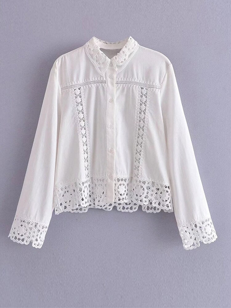 Women Casual Lace Embroidery Weave Suits Lady Elegant Solid Full Sleeves Shirts With Slim Shorts 2023 Summer Fashion Female Sets