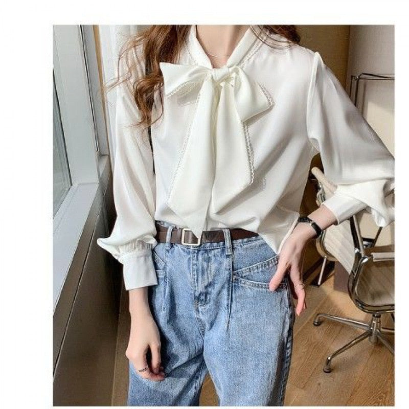 Llyge  Graduation party  Satin Blouses Women Spring Chiffon Tops with Bow Tie Elegant Office Lady Basic Loose White Silk Shirts Chic Woman Clothing