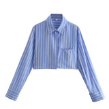 Llyge Woman Fashion Blue Striped Cropped Shirt 2023 Girls High Street Loose Crop Shirts Female Casual Oversized Button Short Tops