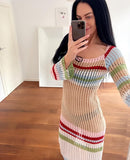 Back To School  Multi Striped Crochet Midi Dresses Women Summer 2022 Scoop Neck Hollow Out Bodycon Dress Lady Holiday Festival Long Dress