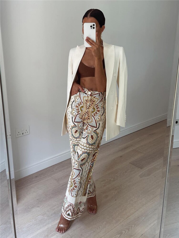 Woman Vinatge Loose Print Blazer Suit 2023 Spring Chic Female High Waisted Trousers Set Ladies High Street Matching Suits