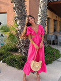Backless Hollow Out Long A Line Dress Women Fashion Lace Up Puff Sleeve Maxi Dress 2023 Summer Beach Robe Pink Woman's Gown