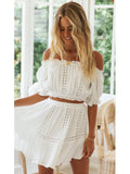 Llyge 2023 Summer Two Piece Sets Women Bohemian Casual Beach Skirts 2Pcs Sets Lace Off Shoulder Crop Tops And Short Pleated Skirt