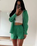 Back To School  Elegant Solid Cotton Blend Two Piece Tops And Shorts Sets Women 2023 Summer Green Oversized Long Shirts High Waist Suits
