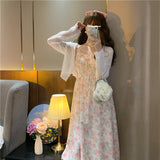 Llyge French Floral Strap Midi Dress Women Vintage Elegant 2 Piece Dress Set Fashion Suits Casual Blouse Korean Clothing 2023 Summer