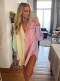 Woman Casual Loose Pink Patchwork Long Shirt 2023 Spring Chic Female Streetwear Long Sleeve Shirts Girls Sweet Oversized Tops
