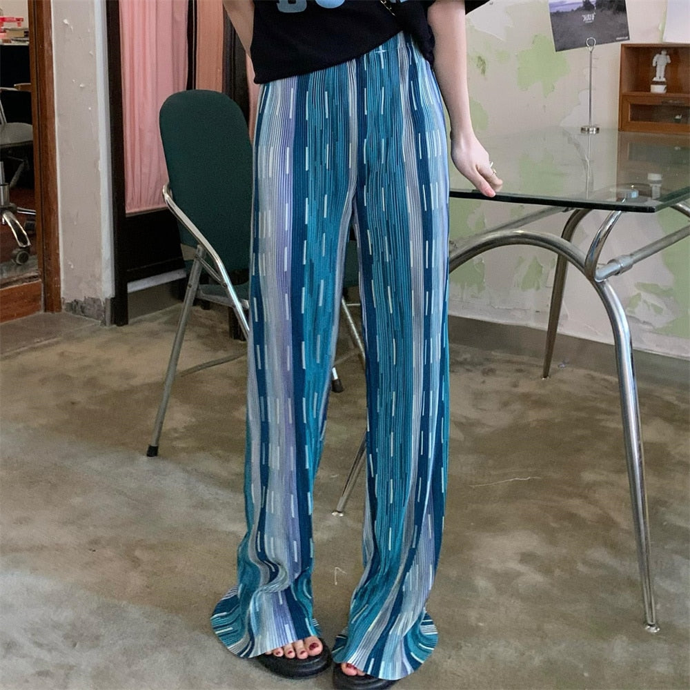 Llyge Blue Summer Tie-Dying New Trousers Slim Wide Leg Fashion Straight 2022 Casual Office Lady All Match High Street Pants
