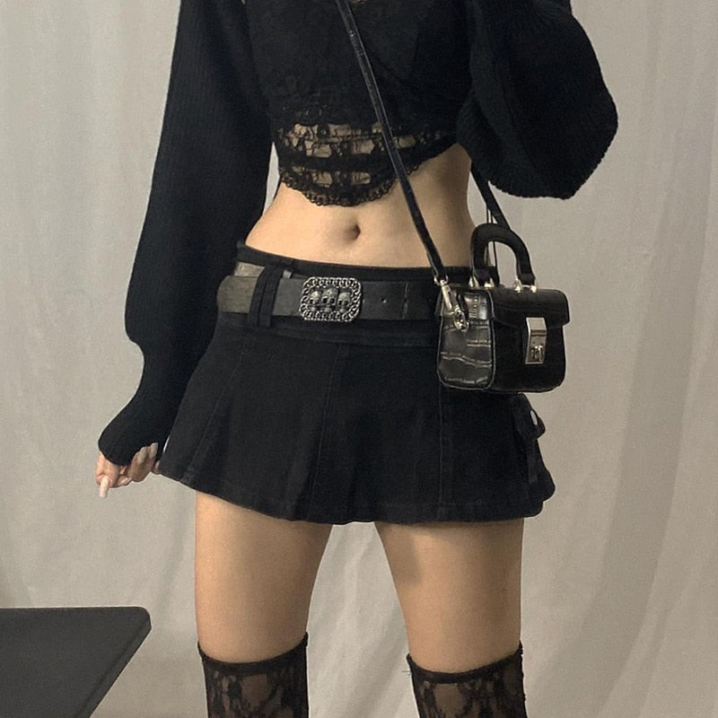 Llyge Pastel Goth Low Waist Black Micro Skirts Y2K Streetwear Pockets Patchwork A-Line Skirt E-Girl Aesthetics Outfits Zipper