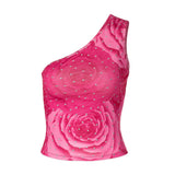 Llyge Y2K Fashion Cute Pink Flowers Print Sequins Trim Crop Tops 2000S Vintage One Shoulder Sleeveless Tank Top Women Clubwear