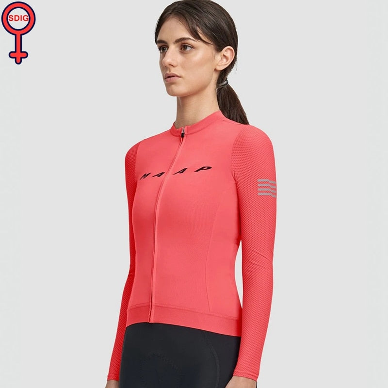 Llyge 2022 Hot Sale Spring Women Pink Long Sleeve Scalloped Mesh Jacquard Cycling Jersey MTB Bike Tops Clothing Comfortable Shirt
