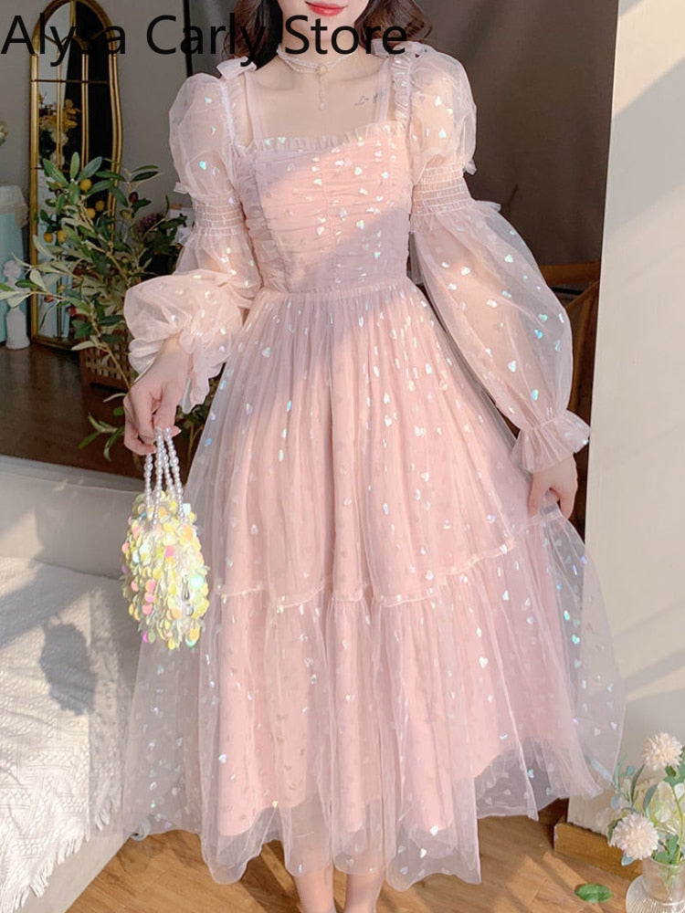 Llyge  Graduation Party Lace Elegant Sequin Fairy Dress Women Pink Patchwork Vintage Party Midi Dresses Female Casual Sweet Princess Kawaii Dress 2022