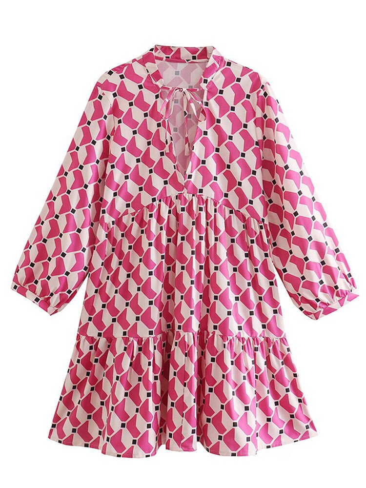 Elegant Pink Geometric Printed Tie Neck A Line Dress Women Fashion Ruffle Hem  Mini Smock Dress Summer Female Long Sleeve Robe