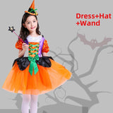 LLYGE Baby Witch Costume Girls Halloween Outfits Children Party Pumpkin Dress With Hat Kids Black Wizard Fairytale Bat Spider Clothes