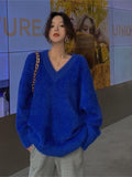 Llyge  Klein Blue V-Neck Sweater Autumn And Winter New Loose And Lazy Wind Knitted Sweater Outer Wear Pullover Top Long-Sleeved Coat
