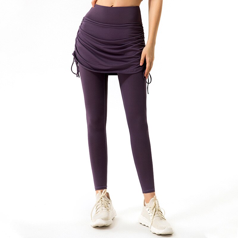 Llyge 2023  Side Drawstring Yoga Pants for Woman Gym Fitness 2 In 1 High Waist Skirt Sport Leggings Women Casual Sports Tights