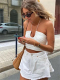 Woman  Slim Halter Cropped Camisole 2023 Summer Sweet Female Solid Hollow Out Camisoles Girls Y2K Backless Short Tops