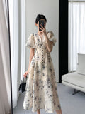 Llyge Summer Women Fashion Vintage Casual Midi Print Dress Elegant Lady Vestdios Female A Line Party Clothes