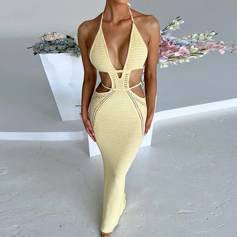 LLYGE Crochet Halter Sleeveless Backless Solid Hollow Out Bandage  Slim Maxi Prom Dress 2023 Winter Festival Party Outfit