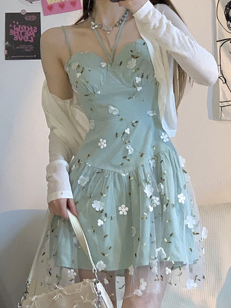 Llyge Fairy 2 Piece Dress Set Fashion Suits Floral Mini Strap Dress Party Long Sleeve Blouse + Beach Corset Dress Korean 2022 Summer