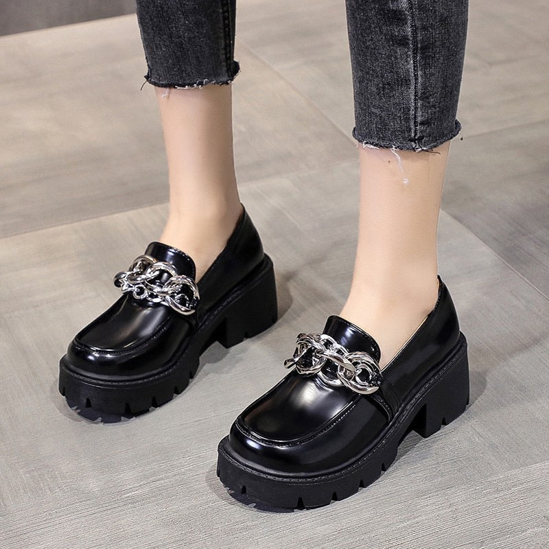 Fashion British Style Women's Shoes Platform Female Footwear Casual  Round Toe Preppy Chain Small Leather Shoes Women Loafers