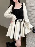 Llyge Gothic Long Sleeve Short Party Dress Women 2022 Spring Outwear Vintage Y2k Mini Dress Fake Two Casual One Piece Dress Korean