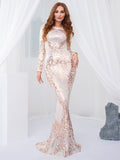 Graduation Prom Llyge Modest Gold Long Sleeve Mermaid Evening Gown Shiny Sequin O Neck Stretch Full Lining Wedding Party Formal Maxi Dress Winter 2022