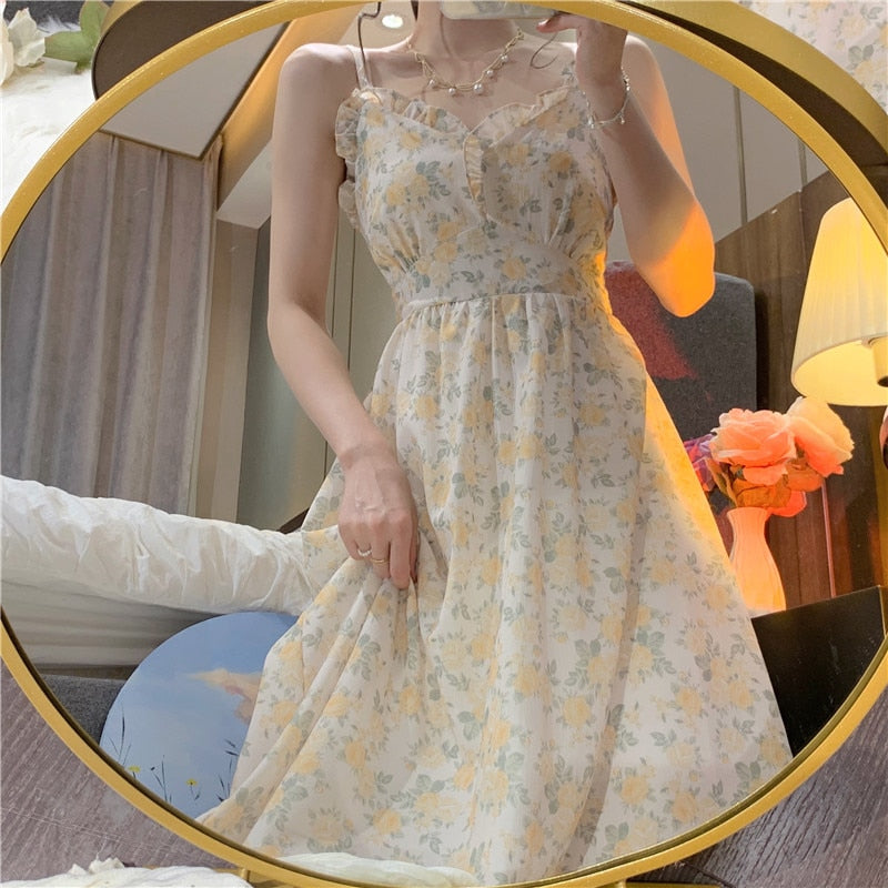 Llyge French Floral Strap Midi Dress Women Vintage Elegant 2 Piece Dress Set Fashion Suits Casual Blouse Korean Clothing 2023 Summer