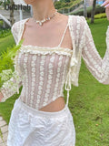 Llyge Y2k Top Bandage Long Sleeve Shirt Camisole Women's Fashion Ruffles Trim Lace 2 Piece Tshirts Elegant Female Summer Sweet Outfits
