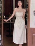 Llyge Summer Women Spaghetti Strap Elegant Midi Satin Dresses Wedding Evening Birthday Holiday Backless Prom Clothes New