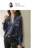 Llyge  Office Lady Blue Velvet Blouse Button Down Shirt For Women Black Casual  Spring New Long Sleeve Plus Size Tops Shirts