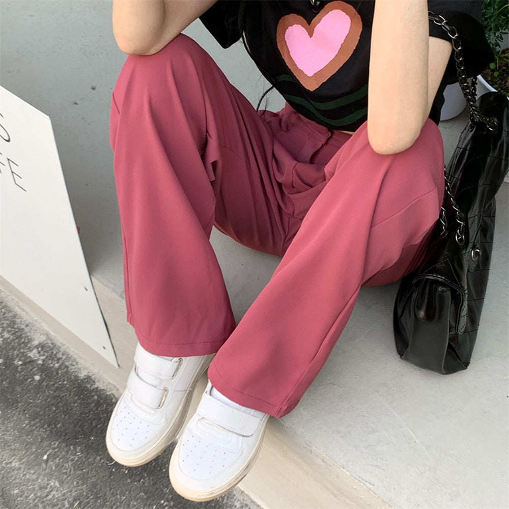 Llyge Pink High Waist Thin Wide Leg Pants Women 2022 Summer Chic Elastic Waist Office Lady New All Match Loose Mujer Casual