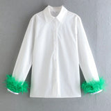 LLYGE 2023 Casual Solid White Cotton Shirts Women Hand With Green Feathers Vintage Straight Long Blouses Streetwear Tops