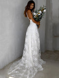 llyge Embroidery Lace Long Slip Dress Spaghetti Straps High Slit Wedding Dress V-Neck Evening Dress Elegant Robe Bridesmaid Gown