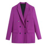LLYGE  2022 Office Lady Solid Purple Long Blazer Women Long Sleeve Double Breasted V Neck Vintage Jackets Female Bussiness