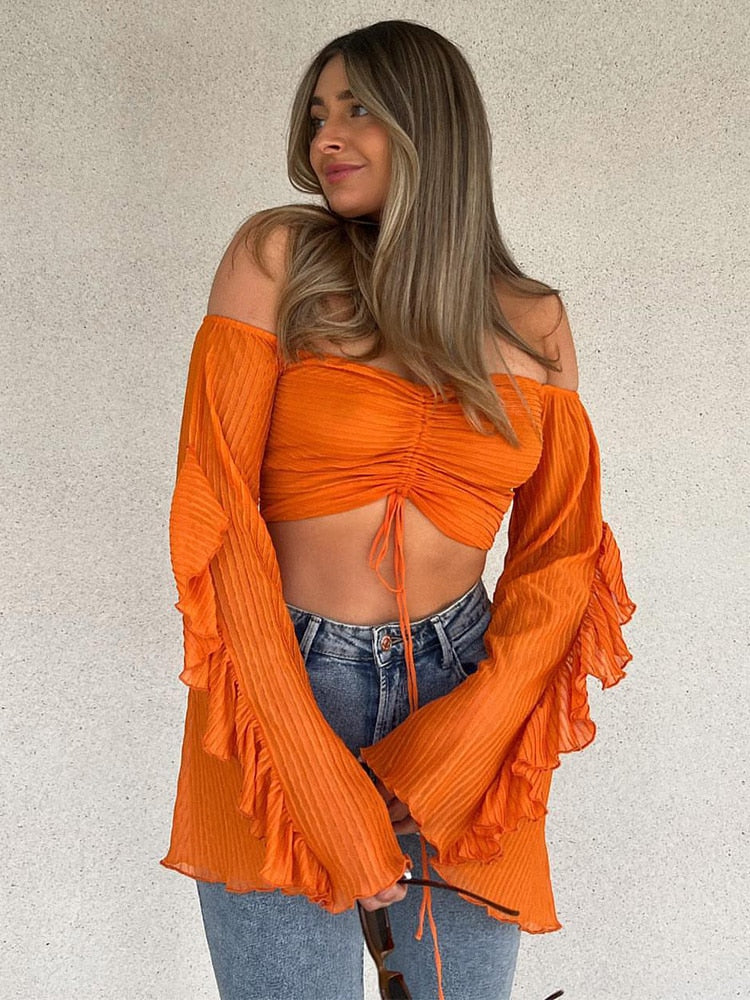 Blouses For Women 2023 Off Shoulder  Halter Drawstring Tie Cropped Blouse Tops Ruffle Trim Long Flare Sleeve Pleated Blouse