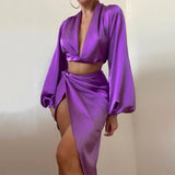 Llyge  Graduation party  Llyge 2023 Graduation party  Satin Tracksuit Womens Two Piece Sets New Fashion Loose Deep V Neck Long Sleeve Crop Top Long Skirts Slit  Outfits for Woman