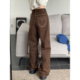 Llyge Vintage Straight Baggy Denim Pants Streetwear Heart Pattern Design Brown Women's Jeans High Waist Fashion Wide Leg Denim Trouser
