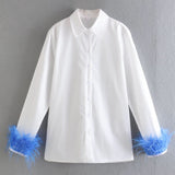 LLYGE 2023 Casual Solid White Cotton Shirts Women Hand With Green Feathers Vintage Straight Long Blouses Streetwear Tops