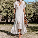 llyge Elegant White Lace Slit Ruffle Long Dress Casual Short Sleeve Single Breasted Dress New Sexy Deep V Neck Embroidery Party Dress