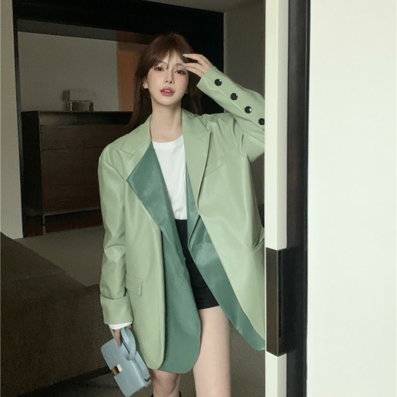 Llyge Splicing Fake Two Pieces Of Leather Jacket Suit Jacket Female Autumn Winter New Korean Long Loose Hundred Take Leather Jacket