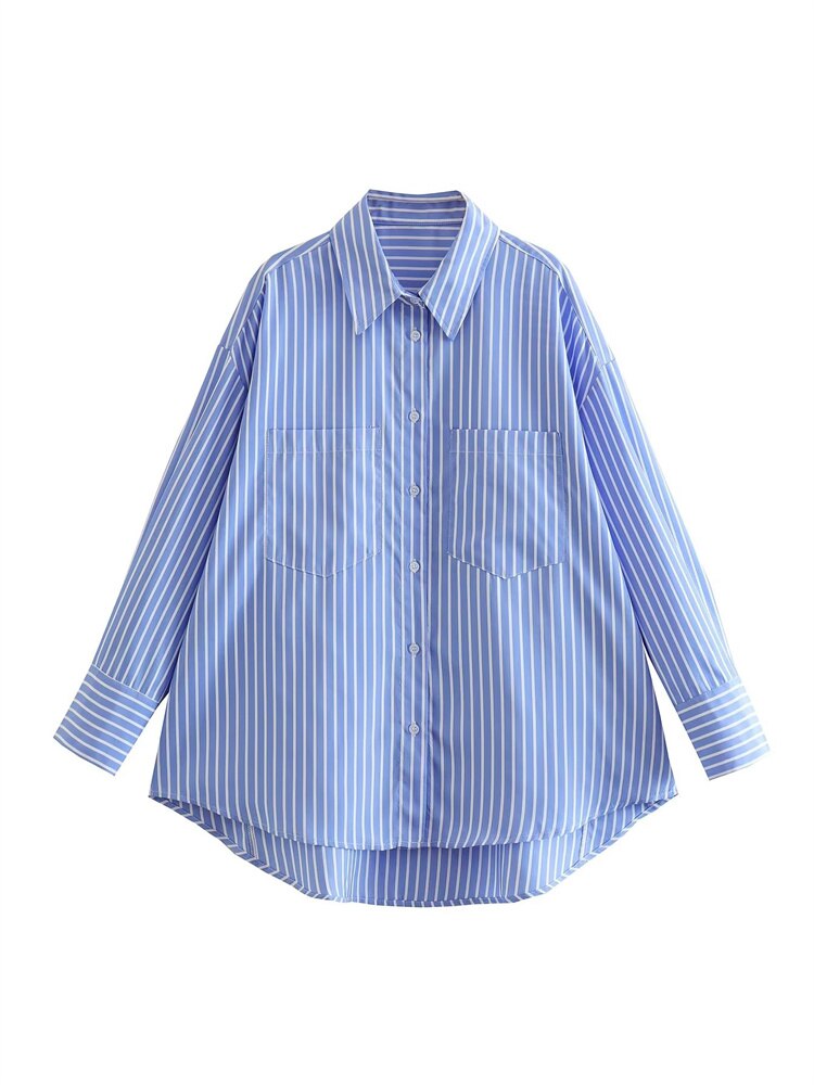 Llgye Woman Casual Loose Blue White Striped Shirts 2023 Spring Female Oversized Long Sleeve Shirts Ladies Chic Oversized Shirts