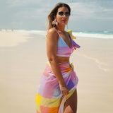 Llyge 2023 New Bikini Beach Skirt Tunics For Beach Colorful Plaid Print Bikini Cover Up Robe De Plage Sarong Beach Swimsuit Cover-Ups